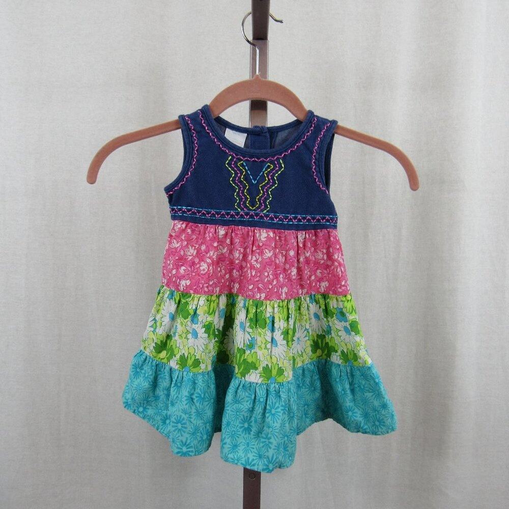 WonderKids 18M Multicolored Tiered Sleeveless Dress Denim and Floral Mixed Media